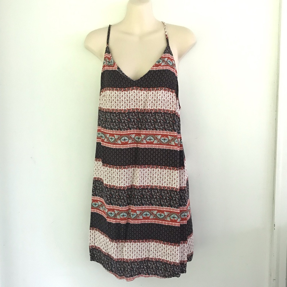 Striped Boho Spaghetti Strap Dress in Black and Coral